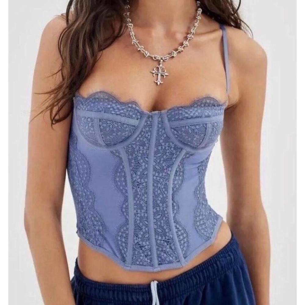 Out From‎ Under Dusty Blue Floral Lace Mesh Corset Bustier Top XL Underwire Cup
